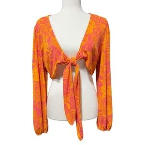 Bar III Cropped Tie Front Top Large NWT Tropical Orange Pink Neon Floral Resort